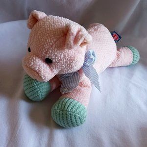 Amela Pink Pig Plush Stuffed Animal Bow Baby Lovey with Rattle